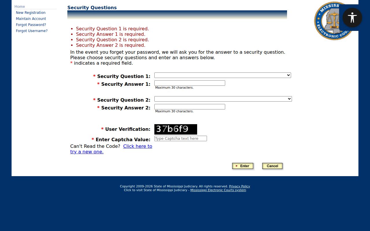 Harrison County case search PAMEC security questions