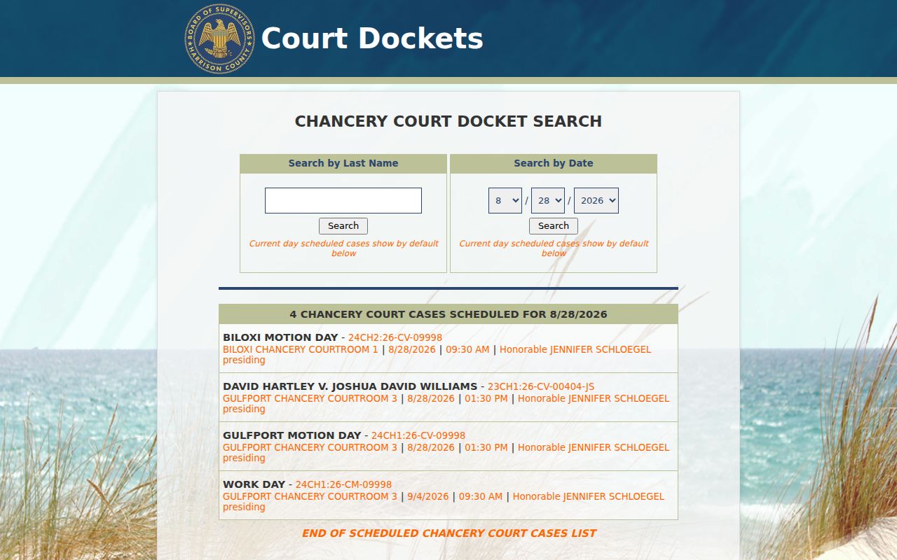 Harrison County civil docket Chancery Court search page