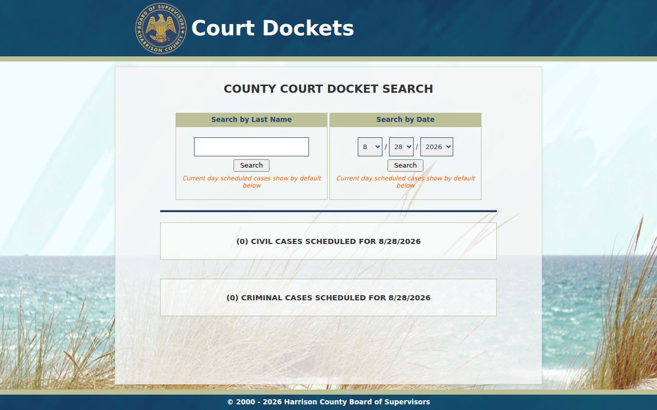 Harrison County civil docket County Court search page