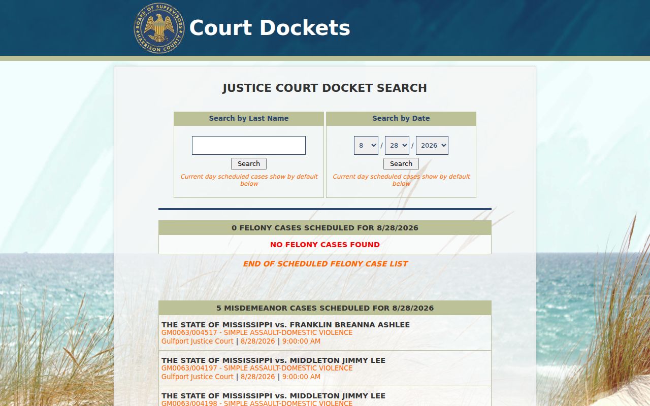 Harrison County Justice Court calendar docket display