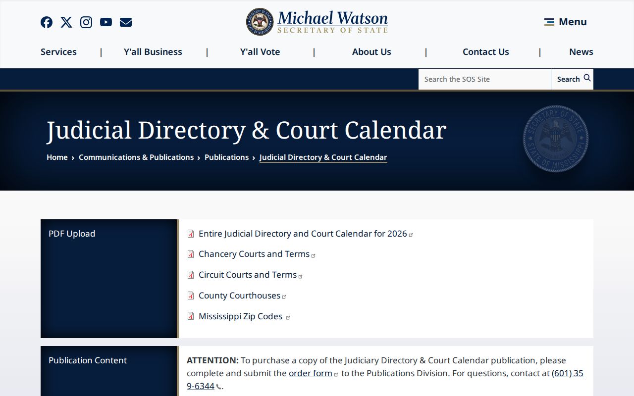 Mississippi judicial directory and court calendar source